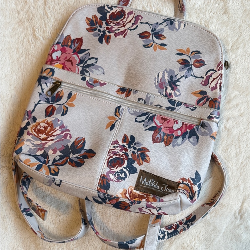 Matilda Jane White Floral Rose Backpack with Pink & Navy Accents